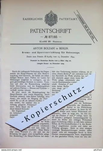 original Patent - Anton Bolzani , Berlin | 1895 | Bremse u. Sperre für Hebezeuge | Hebezeug | Kupplung , Lasten - Aufzug