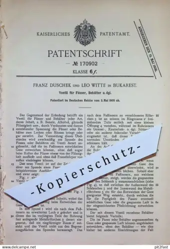 original Patent - Franz Duschek , Leo Witte , Bukarest , Rumänien | 1905 | Ventil für Fass , Fässer , Behälter | Alkohol