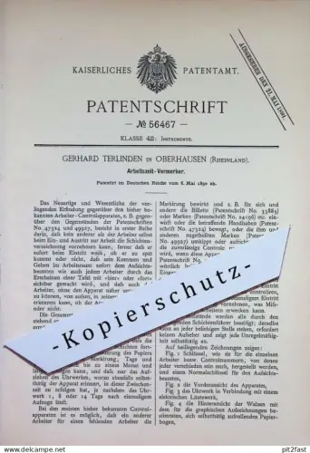 original Patent - Gerhard Terlinden , Oberhausen , Rheinland | 1890 | Arbeitszeit - Vermerker | Kontrollapparat | Bilett