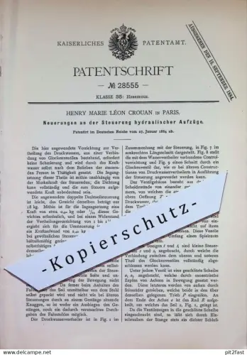 original Patent - Henry Marie Léon Crouan , Paris Frankreich | 1884 | Steuerung hydraulischer Aufzüge | Aufzug Fahrstuhl
