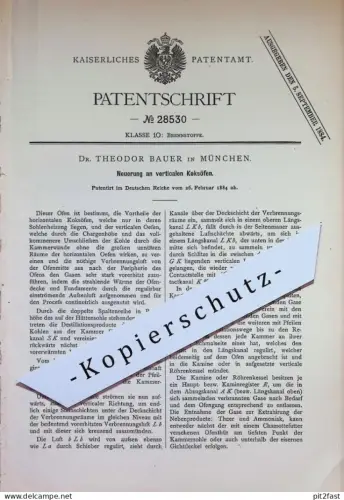 original Patent - Dr. Theodor Bauer , München | 1884 | vertikale Koksöfen | Koksofen | Ofen , Öfen , Heizung , Kohle !