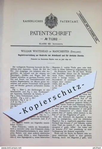 original Patent - William Whitehead , Manchester , England | 1892 | Registriervorrichtung zur Kontrolle der Arbeitszeit