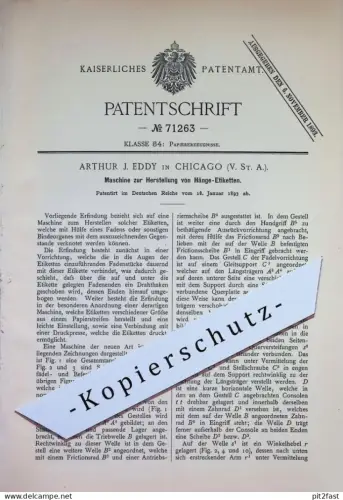 original Patent - Arthur J. Eddy , Chicago , USA | 1893 | Herstellung von Hänge - Etiketten | Etikett | Papier !!