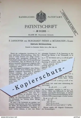 original Patent - E. Lanhoffer , Burghardt Frères , Mülhausen / Elsass | 1894 | Elektrische Betriebsanordnung | Motor