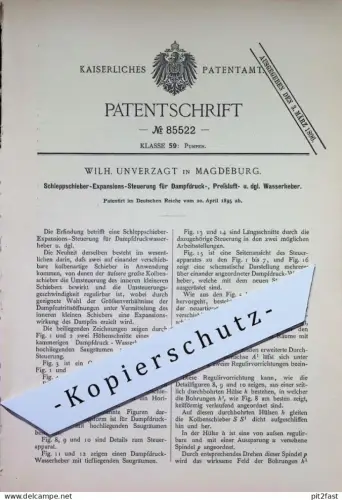 original Patent - Wilh. Unverzagt , Magdeburg | 1895 | Schleppschieber - Expansions- Steuerung | Dampfmaschine , Pumpe