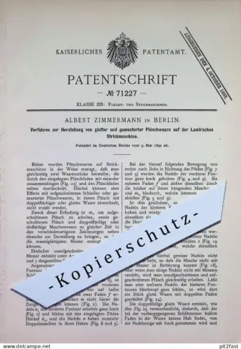 original Patent - Albert Zimmermann , Berlin | 1892 | Plüschware auf der Lamb'schen Strickmaschine | Wolle , Stricken