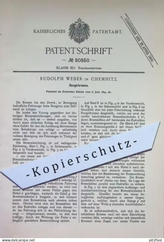 original Patent - Rudolph Weber , Chemnitz | 1894 | Rangierbremse | Eisenbahn - Bremse | Bremsen , Bahn , Lok , Zug !!!