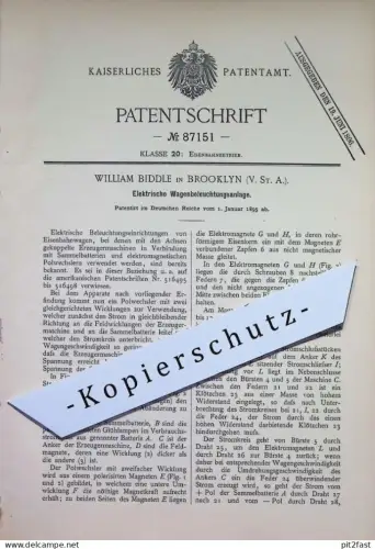 original Patent - William Biddle , Brooklyn , USA | 1895 | Elektrische Wagenbeleuchtungsanlage | Eisenbahn - Beleuchtung