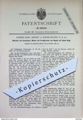 original Patent - Alfred Earl Tenney , Rhode Island , USA | 1883 | Ausstanzen , Walzen u. Pressen der Nägel | Nagel !!