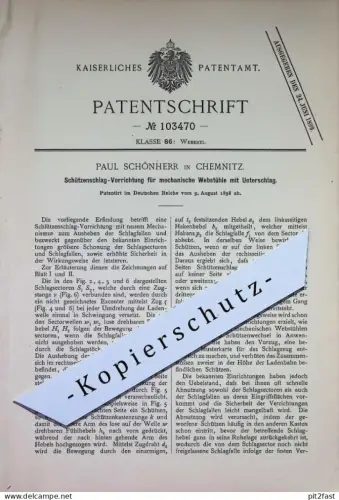 original Patent - Paul Schönherr , Chemnitz | 1898 | Schützenschlag für mechanische Webstühle | Webstuhl , Weber , Weben