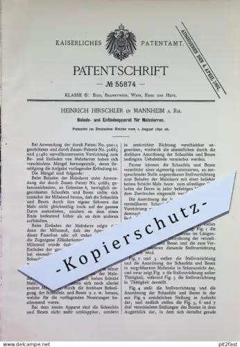 original Patent - Heinrich Hirschler , Mannheim a. Rh. | 1890 | Beladen u. Entladen von Malzdarren | Malz - Darre | Bier