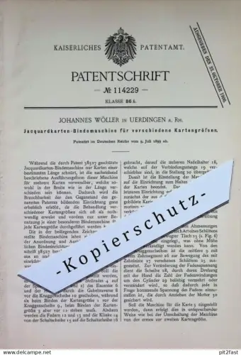 original Patent - Johannes Wöller , Uerdingen a. Rh. | 1899 | Jacquardkarten Bindemaschine für versch. Jacquard - Karten