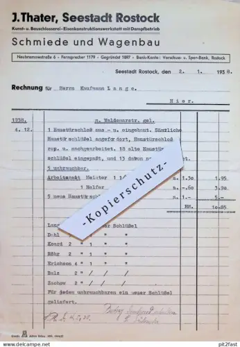 Schmiede und Wagenbau - J. Thater in Rostock i. Mecklenburg , 1938  , Wilhelm Lange , Schlüsseldienst !!