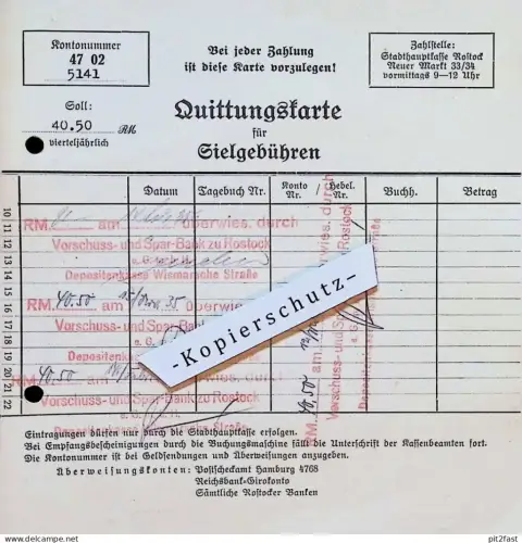 Quittungskarte für Sielgebühren -  Rostock i. Mecklenburg , 1935  , Wilhelm Lange , Oberbürgermeister !!