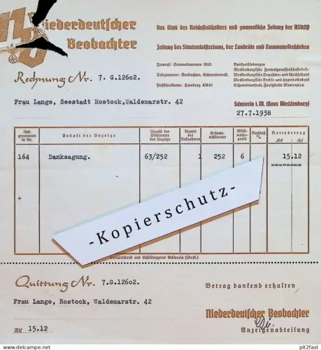 Niederdeutscher Beobachter in Rostock i. Mecklenburg , 1938 , Frieda Lange geb. Sassenberg , Reklame / Werbung