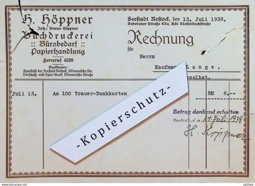 Druckerei - H. Höppner in Rostock i. Mecklenburg , 1938 , altes Dokument , Reklame / Werbung