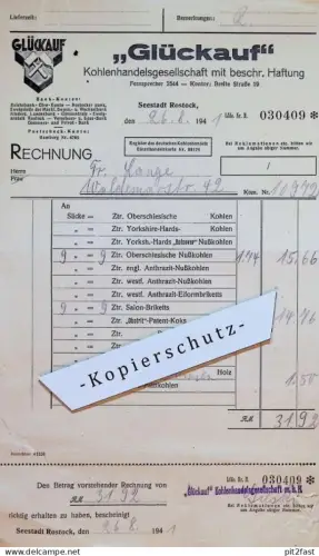 "Glückauf" - Kohlenhandel in Rostock i. Mecklenburg , 1941 , Kohlen , Koks , Obotrit ,altes Dokument , Reklame / Werbung