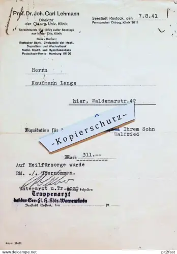 Truppenarzt See-Fliegerhorst Warnemünde / Rostock i. Mecklenburg , 1941 , Prof. Dr. Joh. Lehmann Rechnung / Dokument  !!