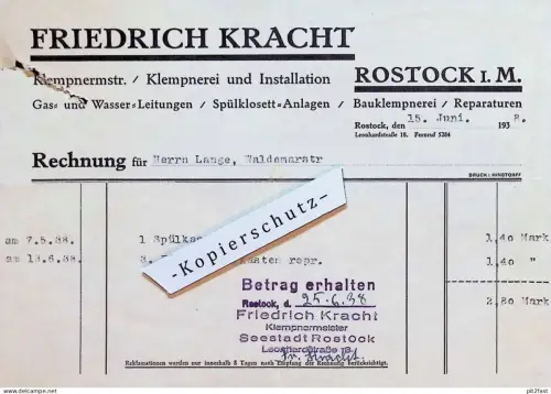 Klempnerei - Friedrich Kracht in Rostock i. Mecklenburg , 1938 , alte Rechnung / Dokument , Reklame / Werbung  !!