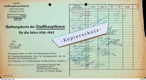 Quittungskarte - Sielgebühr Rostock , 1936-1942 , Stadthauptkasse , Gas- und Wasserwerke , Walter Lange !!