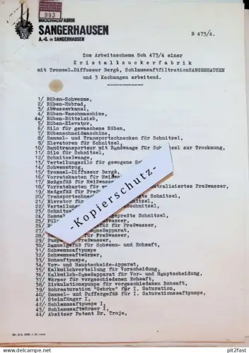 Maschinenfabrik / Zuckerfabrik in Sangerhausen , 1944 , alte Dokumente , Trommel-Diffuseur , mit Grafik / Zeichnungen !!