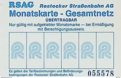Strassenbahn Rostock , 1991 , alte Monatskarte , Fahrkarte , RSAG , Rostocker Straßenbahn AG , Hanse Sail !!