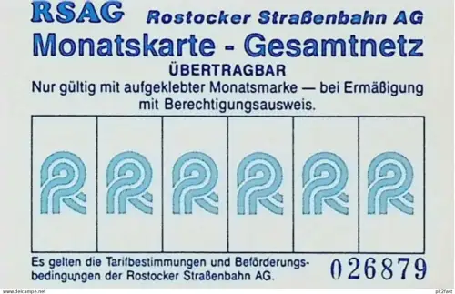 Strassenbahn Rostock , 1991 , alte Monatskarte , Fahrkarte , RSAG , Rostocker Straßenbahn AG !!