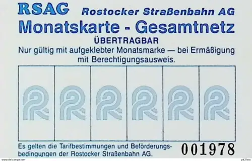 Strassenbahn Rostock , 1991 , alte Monatskarte , Fahrkarte , RSAG , Rostocker Straßenbahn AG !!