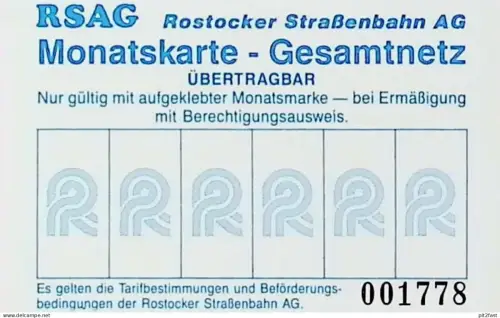 Strassenbahn Rostock , 1991 , alte Monatskarte , Fahrkarte , RSAG , Rostocker Straßenbahn AG !!