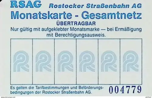 Strassenbahn Rostock , 1991 , alte Monatskarte , Fahrkarte , RSAG , Rostocker Straßenbahn AG !!