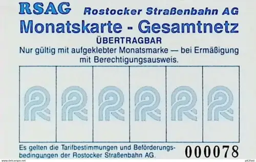 Strassenbahn Rostock , 1991 , alte Monatskarte , Fahrkarte , RSAG , Rostocker Straßenbahn AG !!