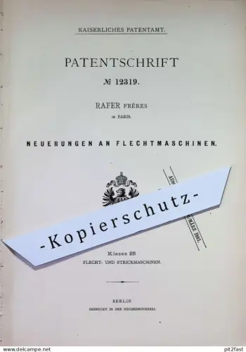 original Patent - Rafer Frères , Paris, Frankreich | 1880 | Flechtmaschinen | Flechtmaschine | Flechten , Stricken !!