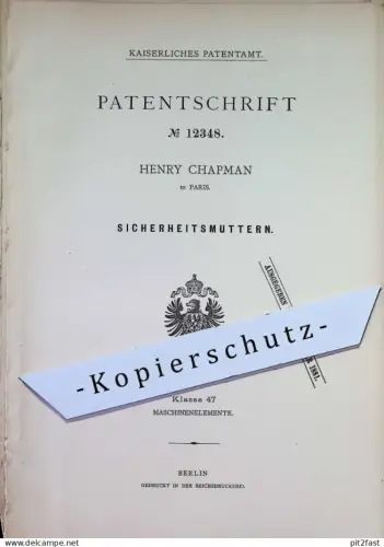 original Patent - Henry Chapman , Paris , Frankreich | 1880 | Sicherheitsmuttern | Mutter Muttern , Schrauben , Werkzeug
