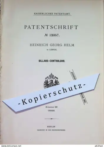 original Patent - Heinrich Georg Helm , Leipzig | 1880 | Billard - Kontrolluhr | Pool , Sport , Uhr , Stoppuhr , Uhrwerk