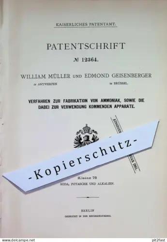 original Patent - William Müller , Antwerpen | Edmond Geisenberger , Brüssel , Belgien | 1879 | Fabrikation von Ammoniak