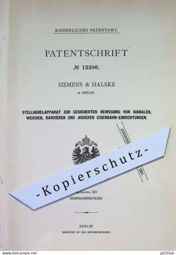 original Patent - Siemens & Halske , Berlin | 1880 | Stellwerk für Signale , Weichen , Barrieren , Eisenbahn , Bahn !