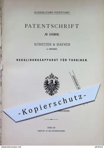 original Patent - Könitzer & Hayner , Meissen | 1880 | Regulator für Turbinen | Turbine , Dampfmaschine , Windkraft !!