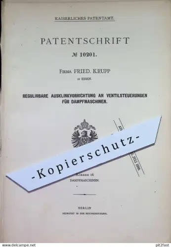 original Patent - Fa. Fried. Krupp , Essen | 1880 | Regulator an Ventilsteuerungen für Dampfmaschinen | Motor , Motoren