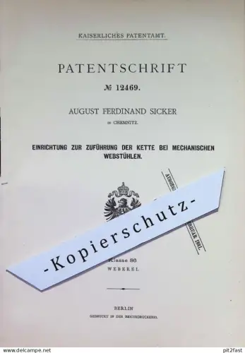 original Patent - August Ferdinand Sicker , Chemnitz | 1880 | mechanische Webstühle | Webstuhl , Weben , Weberei !!