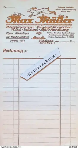 Kolonialwaren und Feinkost - May Müller in Rostock i. Mecklenburg , 1926 , Wild , alte Rechnung , Reklame / Werbung !!