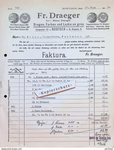 Drogerie - Fr. Draeger in Rostock i. Mecklenburg , 1926 , Fr. Harms in Neubukow , alte Rechnung !!