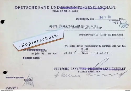 Deutsche Bank - Meiningen , Januar 1945 , Gold , Friedrich Amthor in Hermannsfeld / Rhönblick , Emma Hammann !!