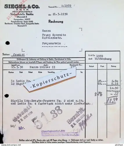 Siegel & Co. in Stettin , 1938 , Franz Spornitz in Freyenstein / Prignitz , alte Rechnung