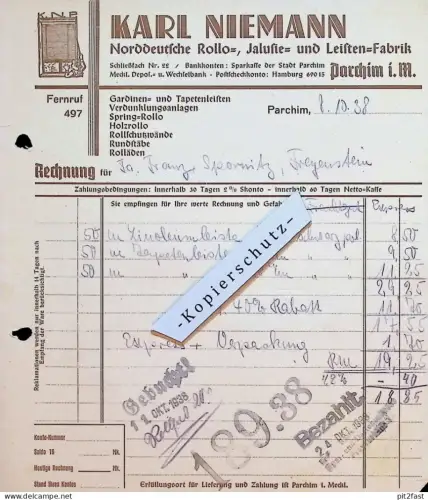 Rollo-Fabrik , Karl Niemann in Parchim i. Mecklenburg , 1938 , Franz Spornitz in Freyenstein / Prignitz , alte Rechnung