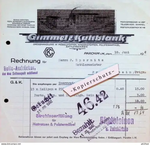 Möbelstoffe - Gimmel & Kuhblank in Parchim i. Mecklenburg , 1942 , Franz Spornitz in Freyenstein / Prignitz , Rechnung