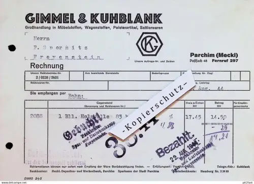 Möbelstoffe - Gimmel & Kuhblank in Parchim i. Mecklenburg , 1944 , Franz Spornitz in Freyenstein / Prignitz , Rechnung