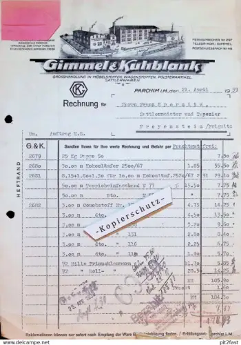 Möbelstoffe - Gimmel & Kuhblank in Parchim i. Mecklenburg , 1939 , Franz Spornitz in Freyenstein / Prignitz , Rechnung