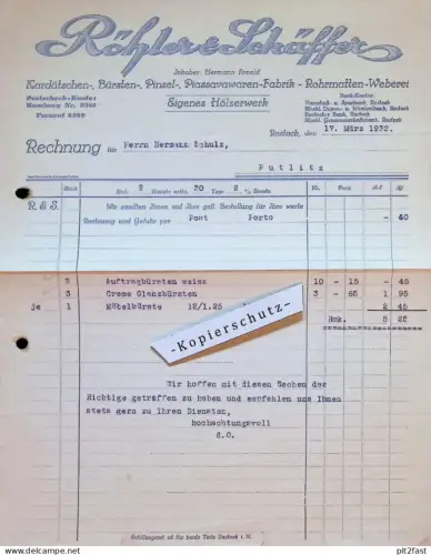 Rohrmatten Weberei - Röhler & Schäffer in Rostock i. Meckl. , 1932 , Hermann Schulz in Putlitz , alte Rechnung , Reklame