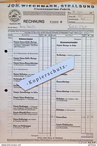Fischkonserven-Fabrik , Joh. Wiechmann in Stralsund i. Mecklenburg , 1939 , A. Müller in Taltitz b. Oelsnitz/Vogtl. !!