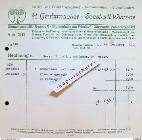 Blumen und Gärtnerei - H. Grützmacher in Wismar i. Mecklenburg , 1941 , P. Wiek , alte Rechnung , Reklame / Werbung !!